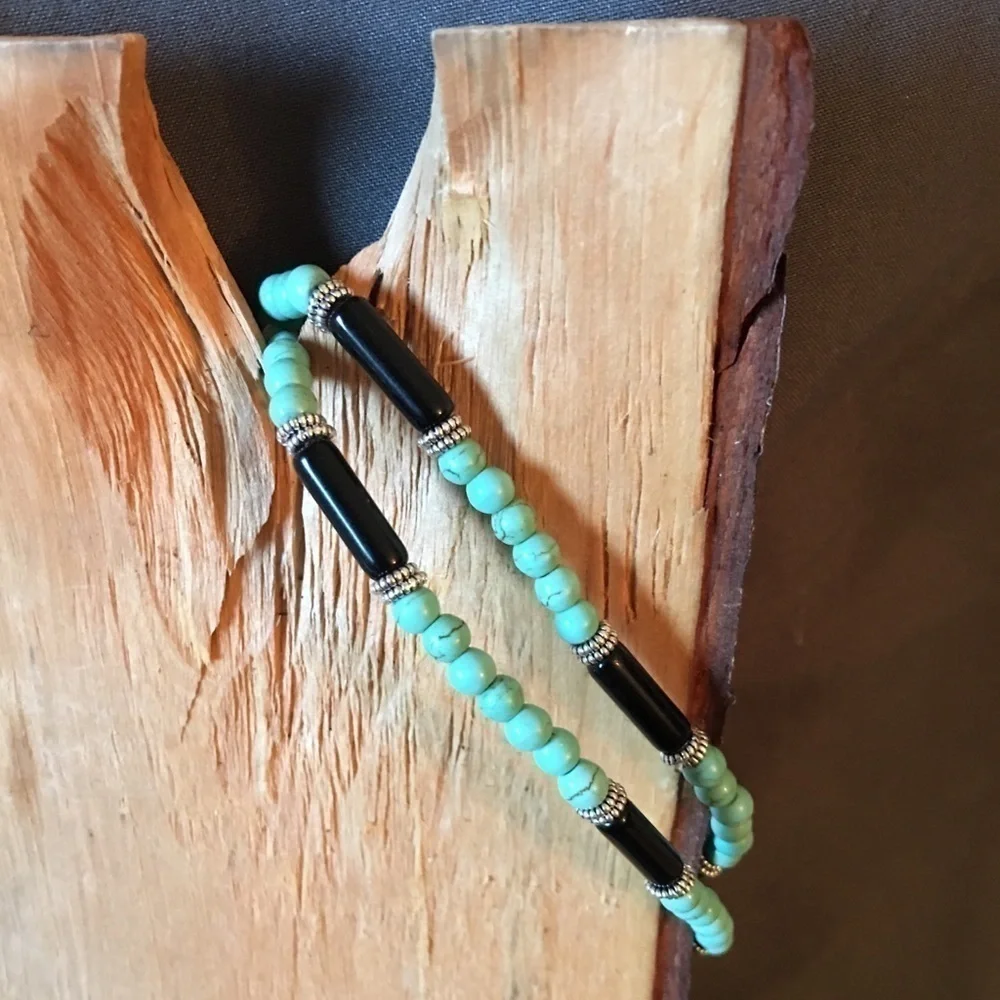 Mini “Tiffany” blue magnesite & obsidian bracelet